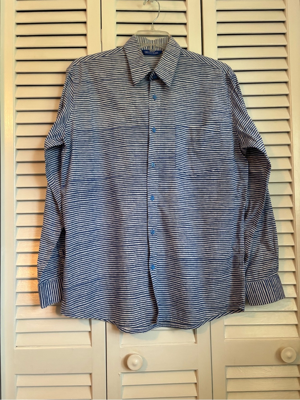 Three Islands Men’s Blue White Striped Woven Button-Up Shirt Long Sleeve Pocket